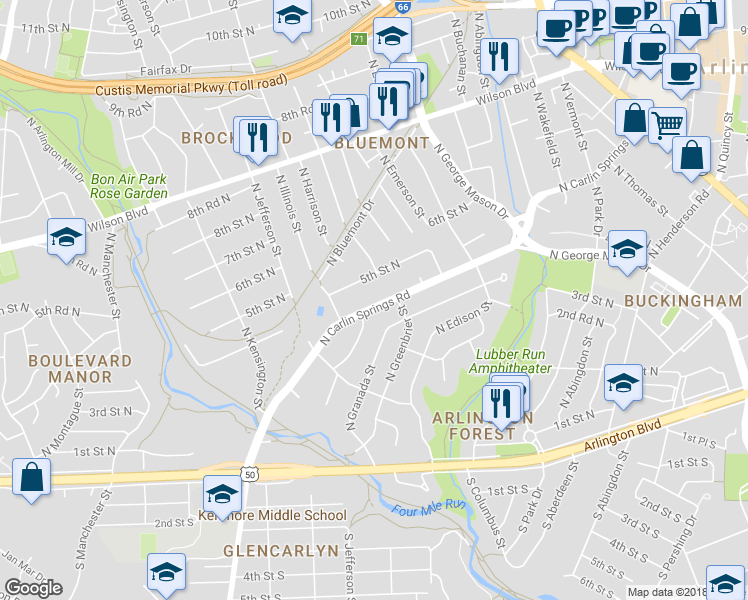 map of restaurants, bars, coffee shops, grocery stores, and more near 5305 North Carlin Springs Road in Arlington