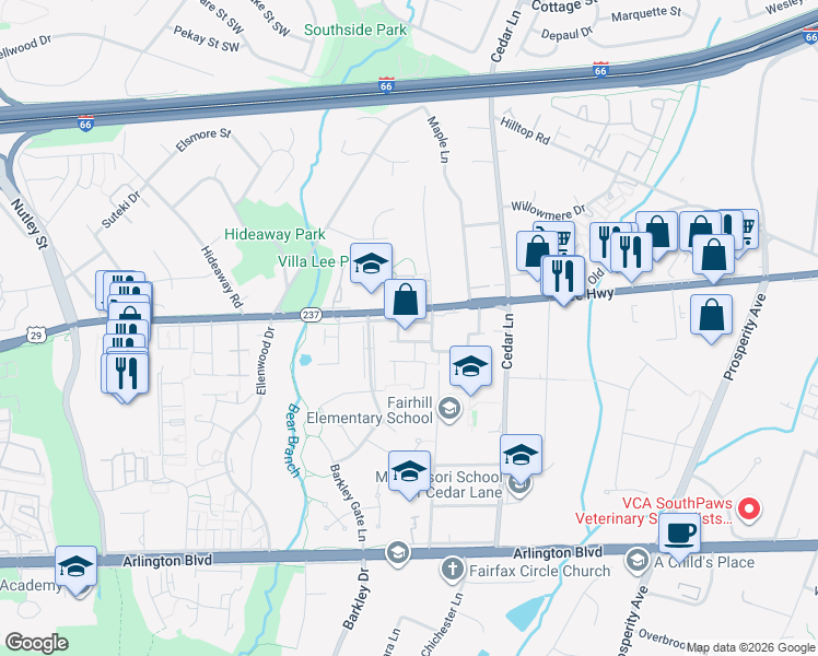 map of restaurants, bars, coffee shops, grocery stores, and more near 8825 Blue Royale Lane in Fairfax
