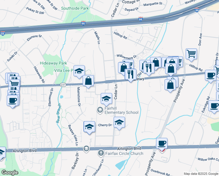 map of restaurants, bars, coffee shops, grocery stores, and more near 2964 Nipper Way in Fairfax