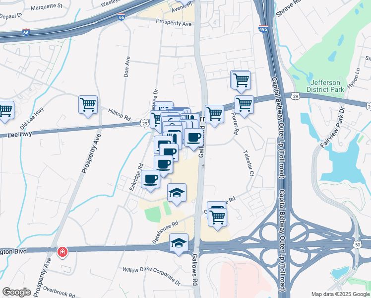 map of restaurants, bars, coffee shops, grocery stores, and more near 8200 Strawberry Lane in Falls Church