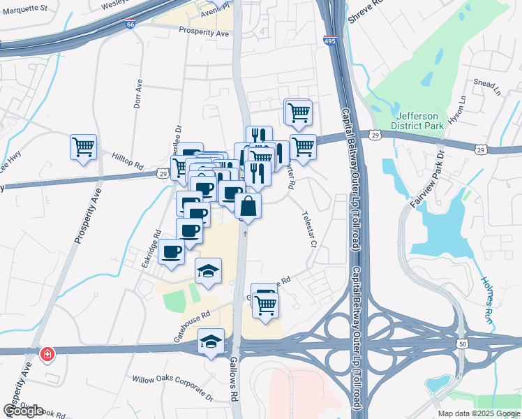 map of restaurants, bars, coffee shops, grocery stores, and more near 8143 Porter Road in Falls Church