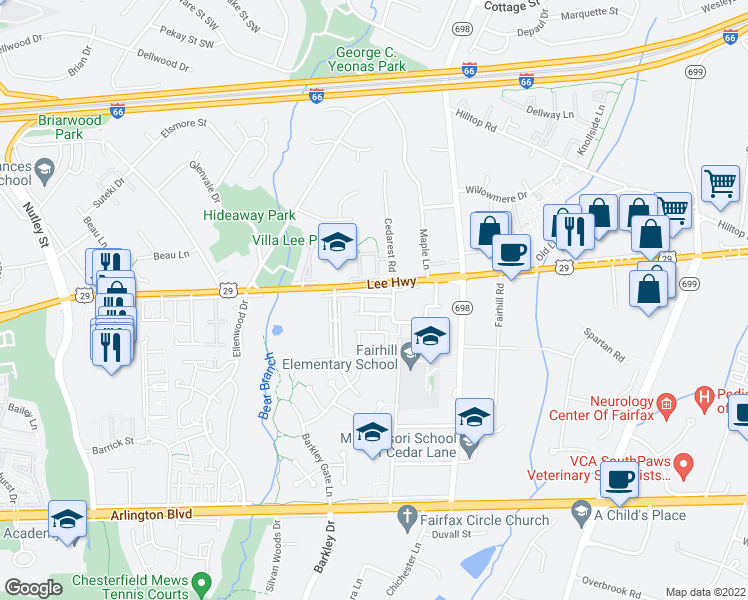 map of restaurants, bars, coffee shops, grocery stores, and more near 8823 Blue Royale Lane in Fairfax