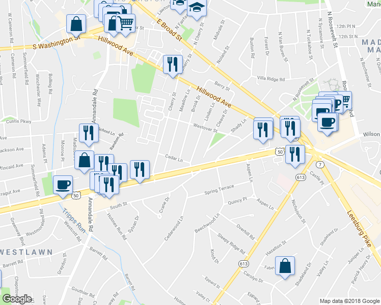 map of restaurants, bars, coffee shops, grocery stores, and more near 2916 Linden Lane in Falls Church