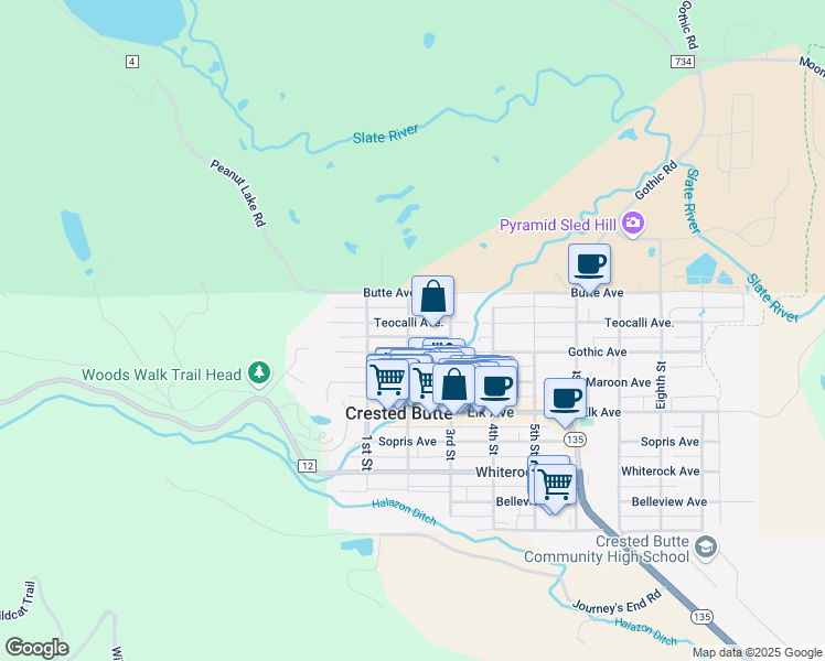 map of restaurants, bars, coffee shops, grocery stores, and more near 19 2nd Street in Crested Butte