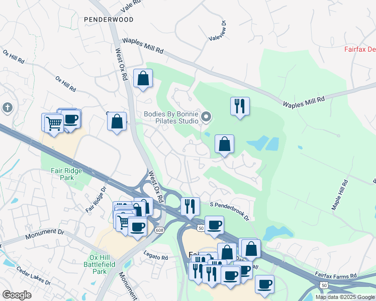 map of restaurants, bars, coffee shops, grocery stores, and more near 12021 Golf Ridge Court in Fairfax