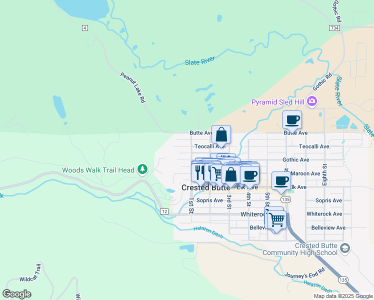 map of restaurants, bars, coffee shops, grocery stores, and more near in Crested Butte