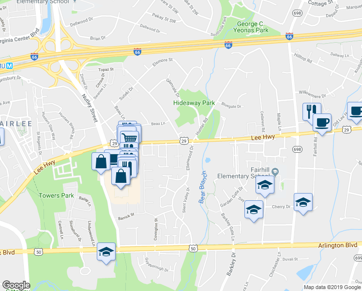 map of restaurants, bars, coffee shops, grocery stores, and more near 2901 Everleigh Way in Fairfax