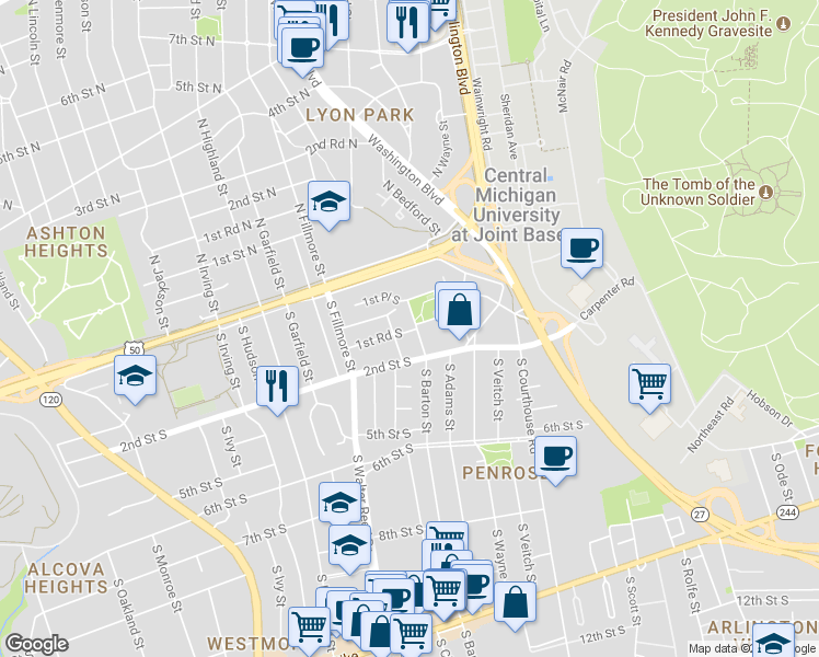 map of restaurants, bars, coffee shops, grocery stores, and more near 128 South Barton Street in Arlington