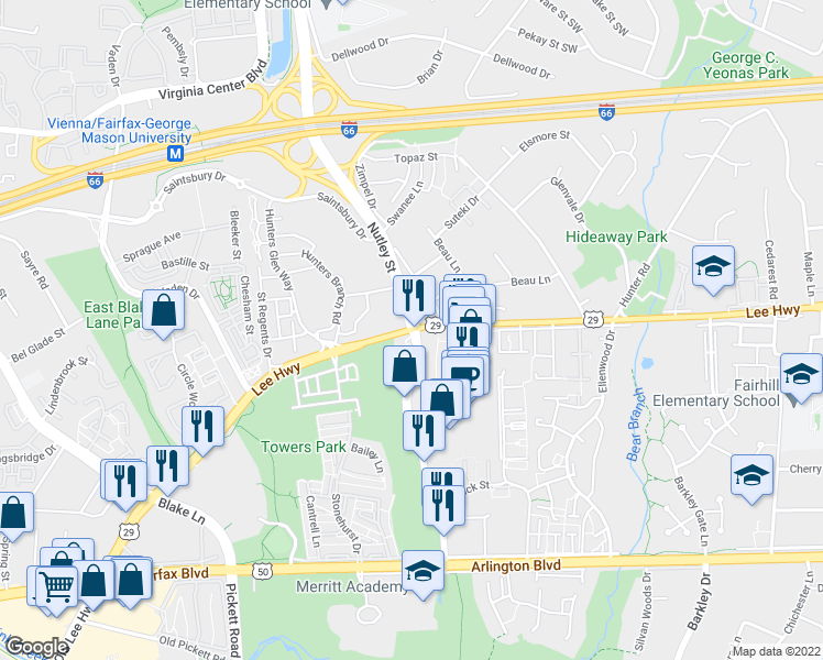 map of restaurants, bars, coffee shops, grocery stores, and more near Lee Hwy & Nutley St in Merrifield