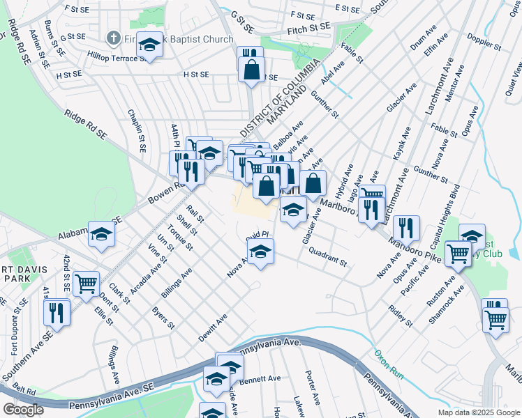 map of restaurants, bars, coffee shops, grocery stores, and more near 4813 Marlboro Pike in Capitol Heights
