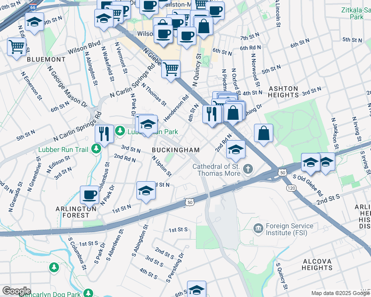 map of restaurants, bars, coffee shops, grocery stores, and more near 319 N George Mason Dr in Arlington