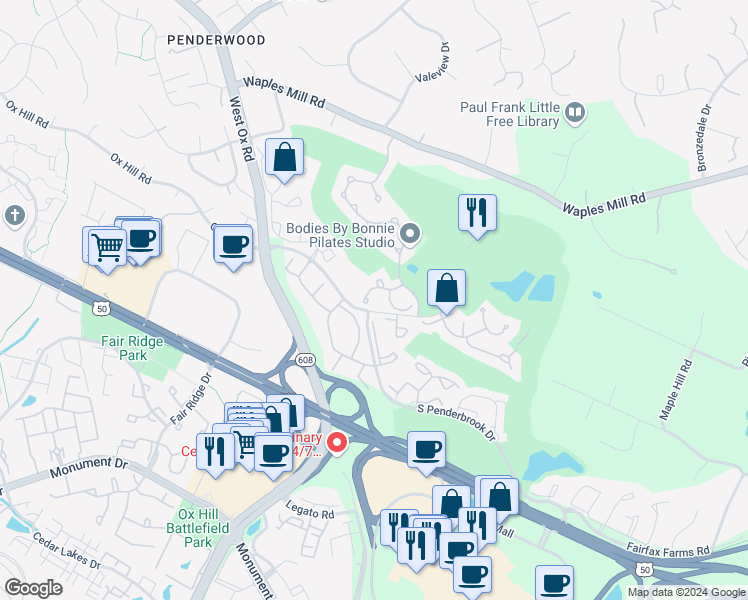 map of restaurants, bars, coffee shops, grocery stores, and more near 12021 Golf Ridge Court in Fairfax