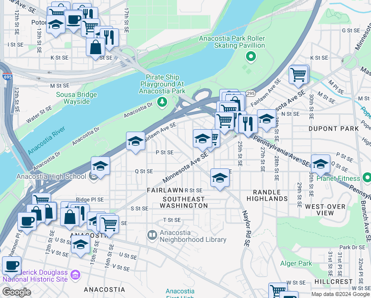 map of restaurants, bars, coffee shops, grocery stores, and more near 1966 Naylor Road Southeast in Washington