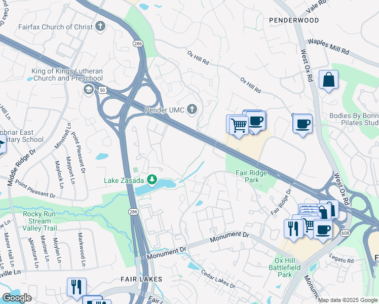map of restaurants, bars, coffee shops, grocery stores, and more near 12459 Blissful Valley Drive in Fairfax