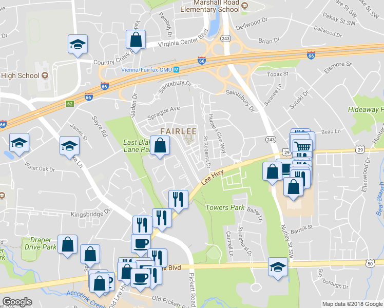 map of restaurants, bars, coffee shops, grocery stores, and more near 3051 Waterloo Lane in Fairfax