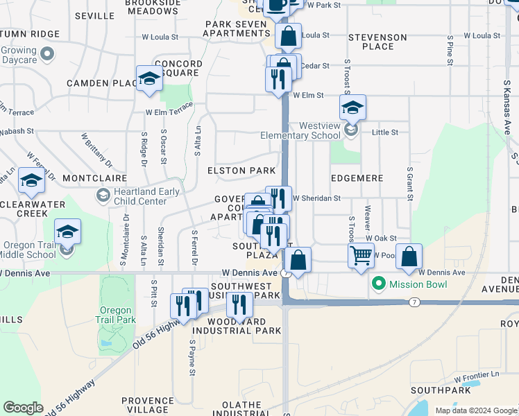 map of restaurants, bars, coffee shops, grocery stores, and more near 1100 West Virginia Lane in Olathe