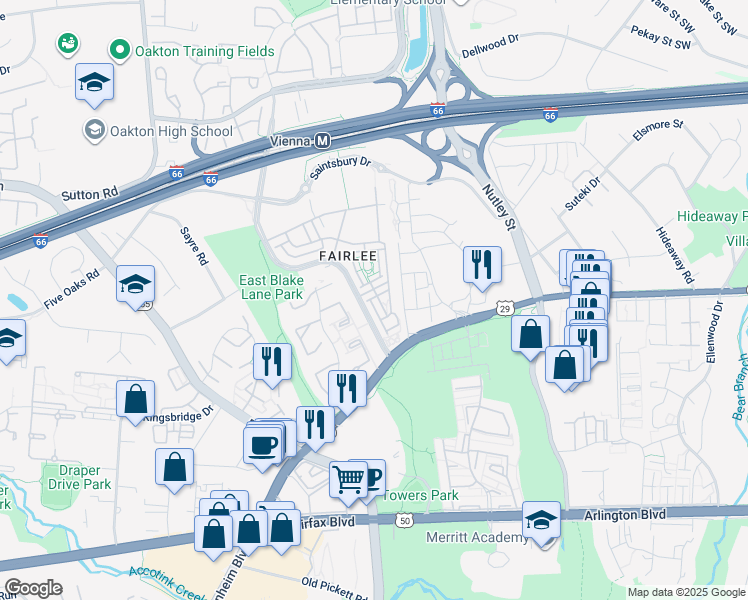 map of restaurants, bars, coffee shops, grocery stores, and more near 3051 Waterloo Lane in Fairfax