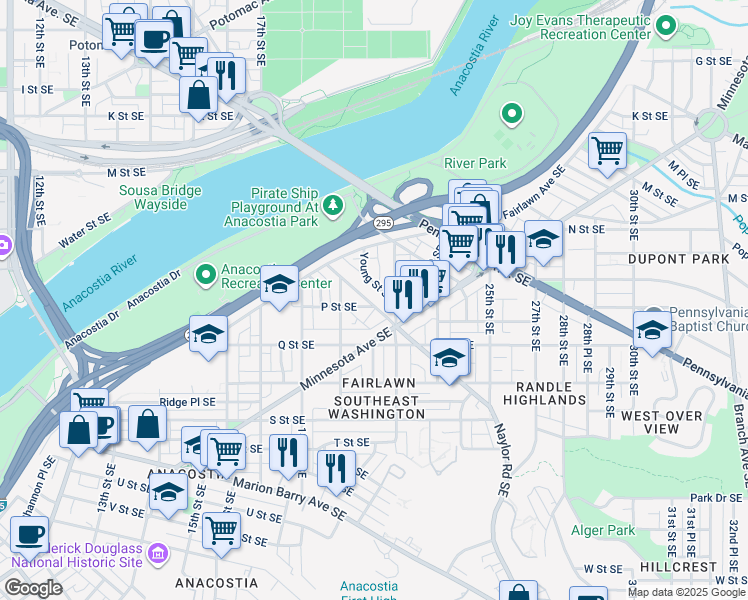 map of restaurants, bars, coffee shops, grocery stores, and more near 1960 Naylor Road Southeast in Washington