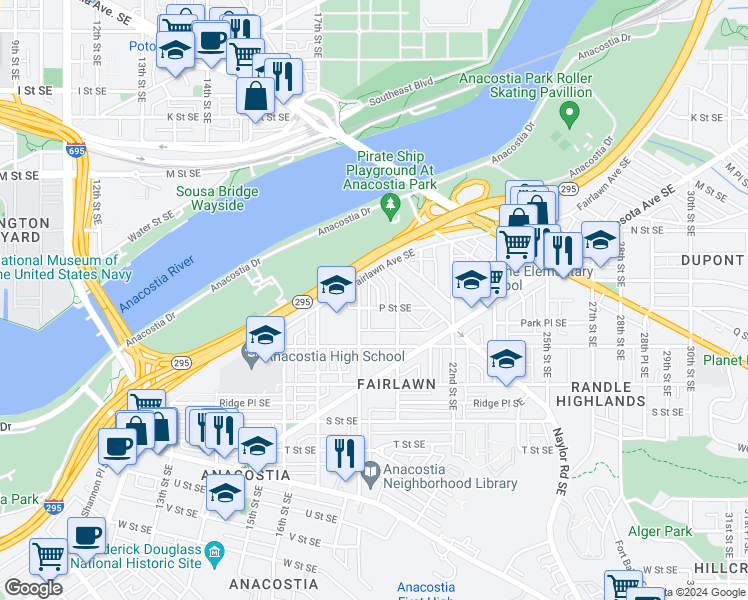 map of restaurants, bars, coffee shops, grocery stores, and more near 1417 18th Place Southeast in Washington