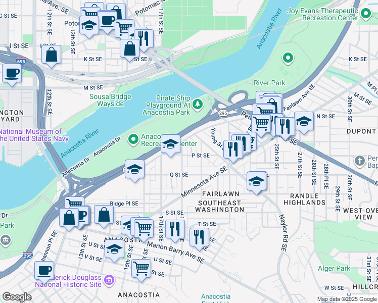 map of restaurants, bars, coffee shops, grocery stores, and more near 1417 18th Place Southeast in Washington