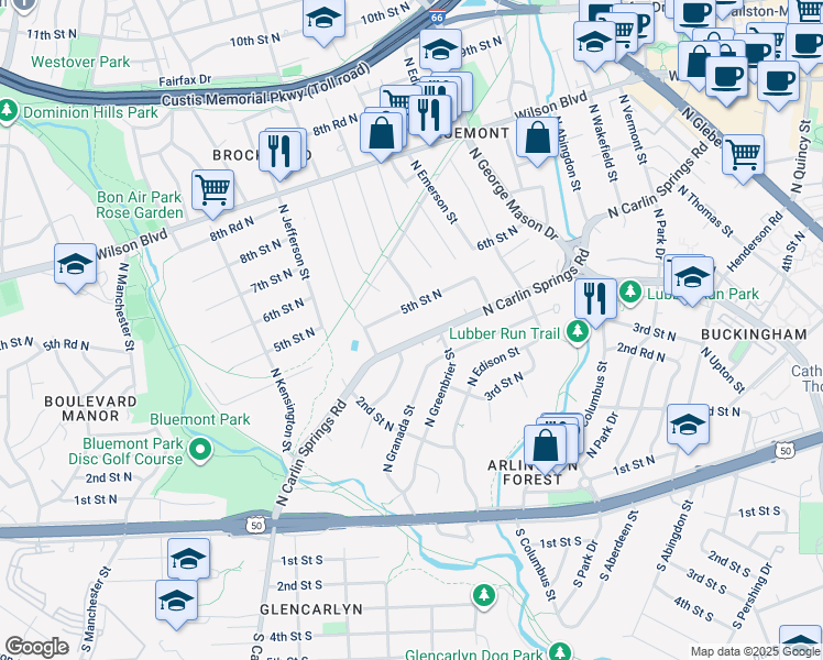 map of restaurants, bars, coffee shops, grocery stores, and more near 5305 North Carlin Springs Road in Arlington
