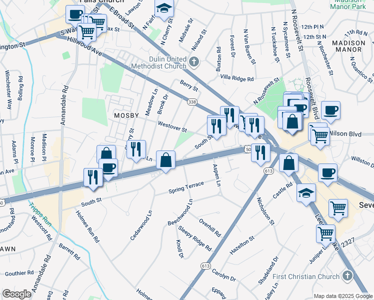 map of restaurants, bars, coffee shops, grocery stores, and more near 6438 South Street in Falls Church