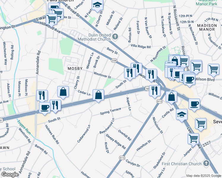 map of restaurants, bars, coffee shops, grocery stores, and more near 6438 South Street in Falls Church