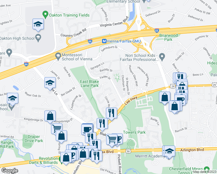 map of restaurants, bars, coffee shops, grocery stores, and more near 3010 Hickory Grove Court in Fairfax