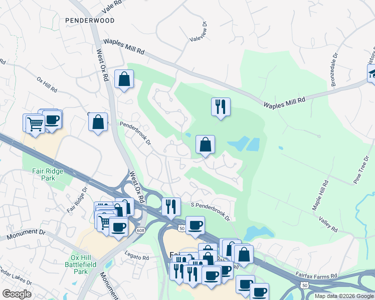 map of restaurants, bars, coffee shops, grocery stores, and more near 3907 Golf Tee Court in Fairfax