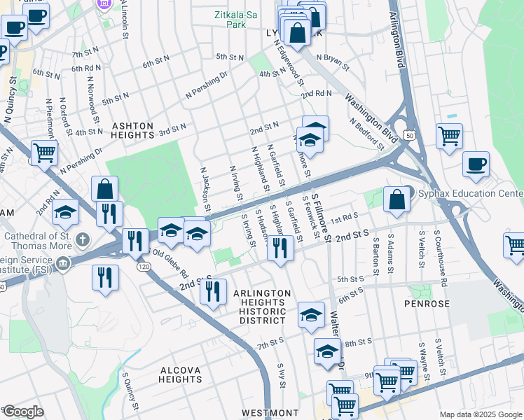 map of restaurants, bars, coffee shops, grocery stores, and more near 1 South Hudson Street in Arlington