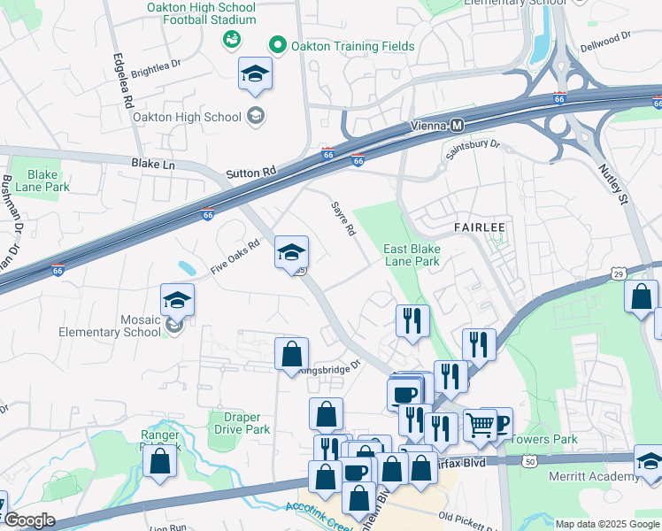 map of restaurants, bars, coffee shops, grocery stores, and more near 3018 James Street in Fairfax