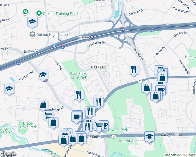 map of restaurants, bars, coffee shops, grocery stores, and more near 3022 Hickory Grove Court in Fairfax
