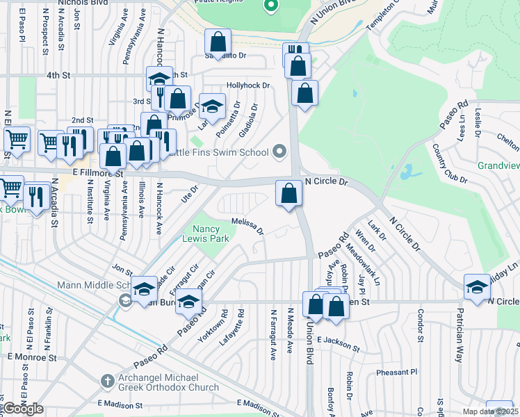 map of restaurants, bars, coffee shops, grocery stores, and more near 1605 Elm Creek View in Colorado Springs