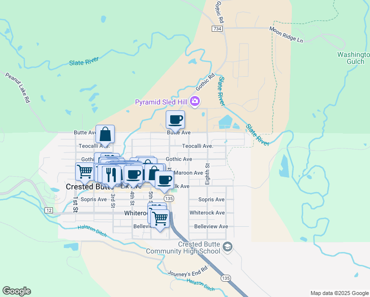 map of restaurants, bars, coffee shops, grocery stores, and more near 615 Teocalli Avenue in Crested Butte