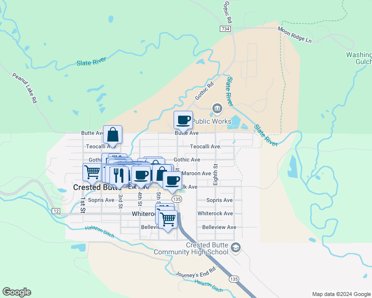 map of restaurants, bars, coffee shops, grocery stores, and more near 615 Teocalli Avenue in Crested Butte