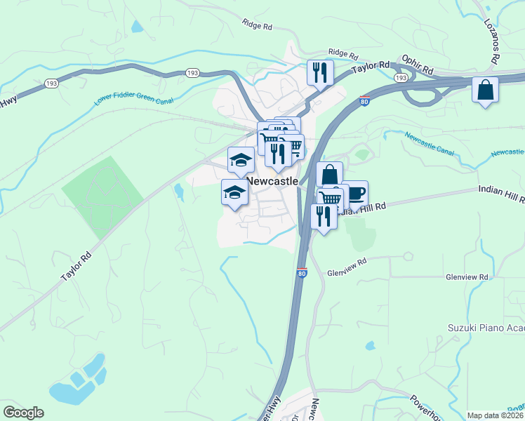 map of restaurants, bars, coffee shops, grocery stores, and more near 565 Peach Lane in Newcastle