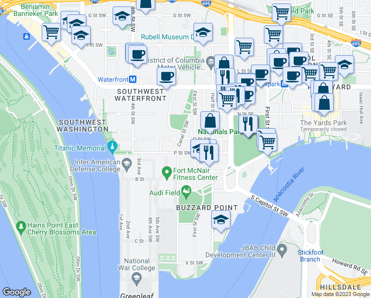 map of restaurants, bars, coffee shops, grocery stores, and more near 101 Independence Avenue Southeast in Washington