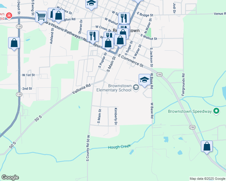 map of restaurants, bars, coffee shops, grocery stores, and more near 600 South Block Sugar Street in Brownstown