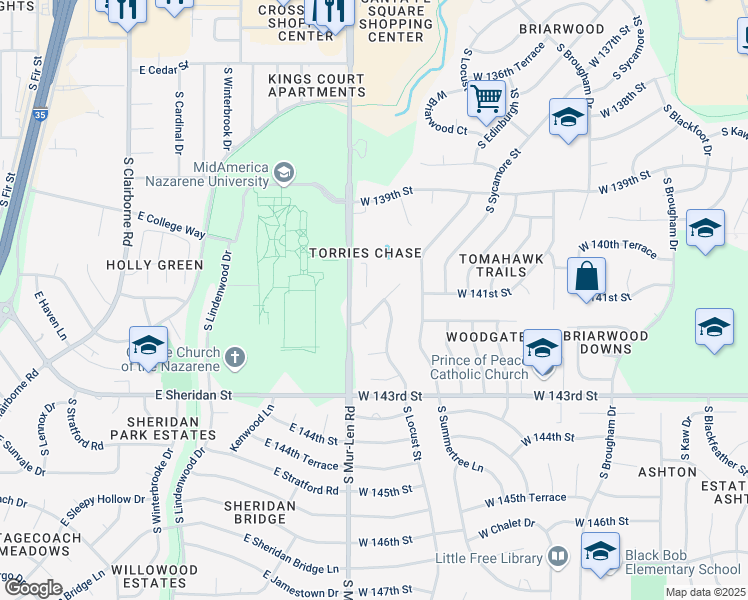 map of restaurants, bars, coffee shops, grocery stores, and more near 14201 South Mur-Len Road in Olathe