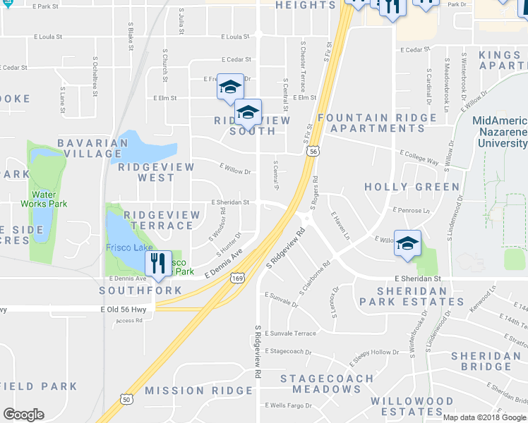 map of restaurants, bars, coffee shops, grocery stores, and more near 804 East Dennis Avenue in Olathe