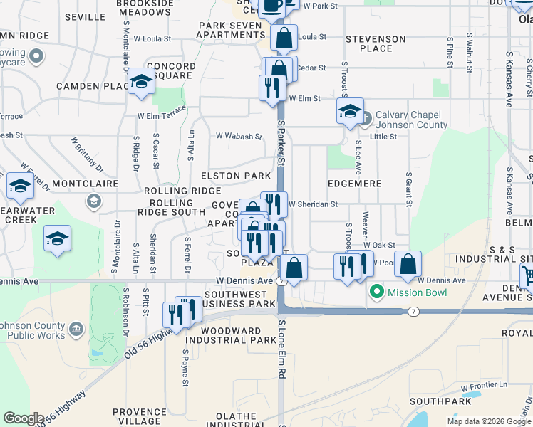 map of restaurants, bars, coffee shops, grocery stores, and more near 1022 West Virginia Lane in Olathe