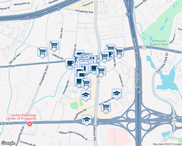 map of restaurants, bars, coffee shops, grocery stores, and more near 8193 Strawberry Lane in Falls Church