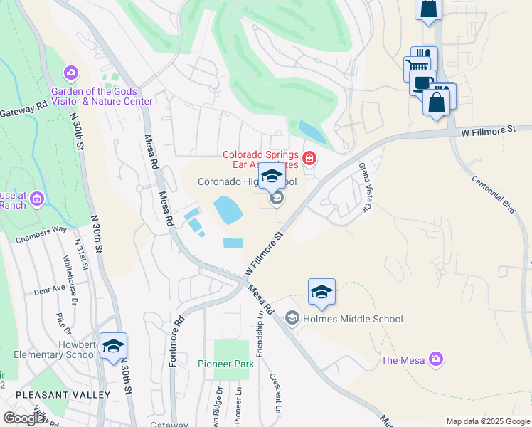 map of restaurants, bars, coffee shops, grocery stores, and more near 1590 West Fillmore Street in Colorado Springs
