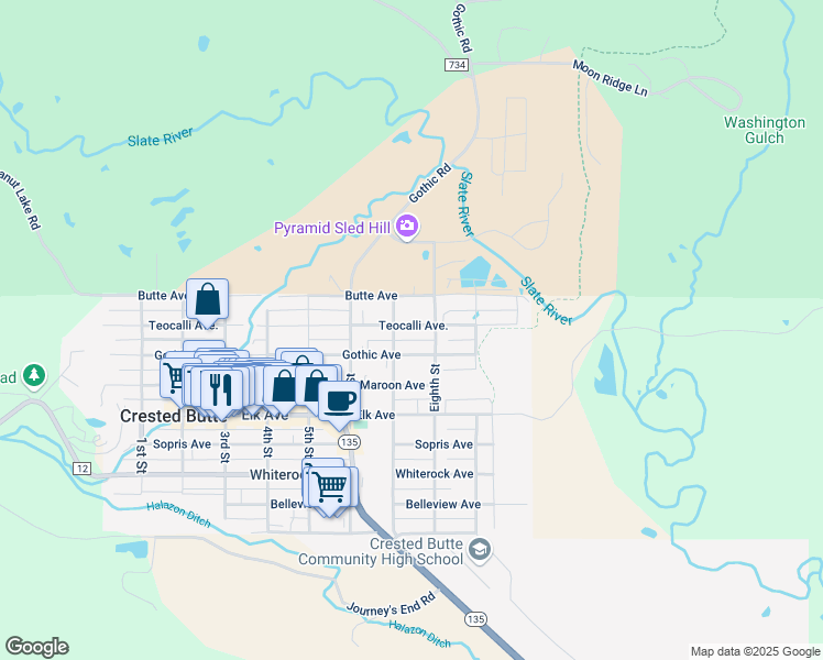 map of restaurants, bars, coffee shops, grocery stores, and more near 714 Teocalli Avenue in Crested Butte