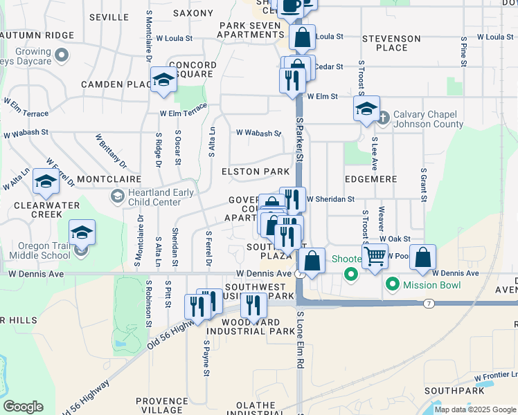 map of restaurants, bars, coffee shops, grocery stores, and more near 1110 West Virginia Lane in Olathe