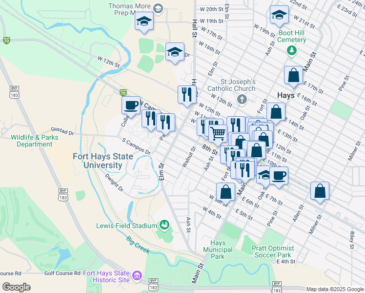 map of restaurants, bars, coffee shops, grocery stores, and more near 409 West 7th Street in Hays