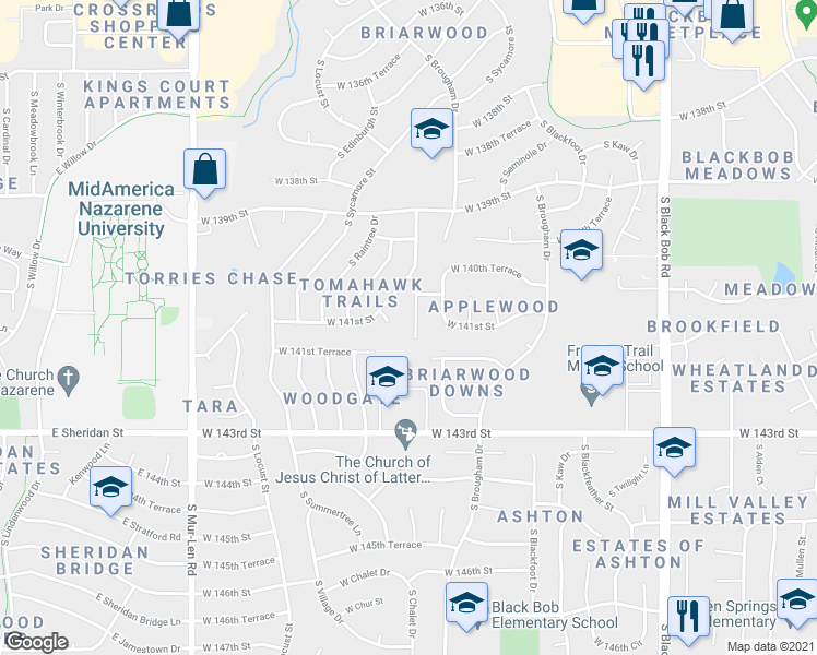 map of restaurants, bars, coffee shops, grocery stores, and more near 14016 South Tomahawk Drive in Olathe