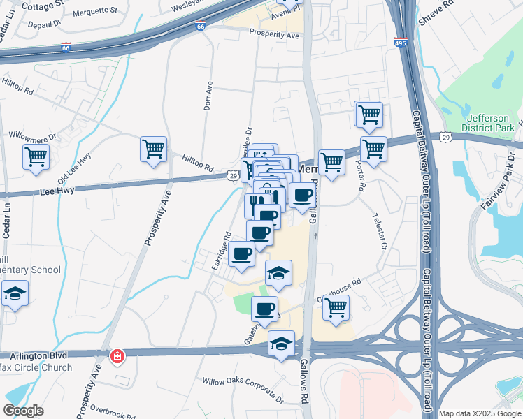 map of restaurants, bars, coffee shops, grocery stores, and more near 2920 District Avenue in Fairfax
