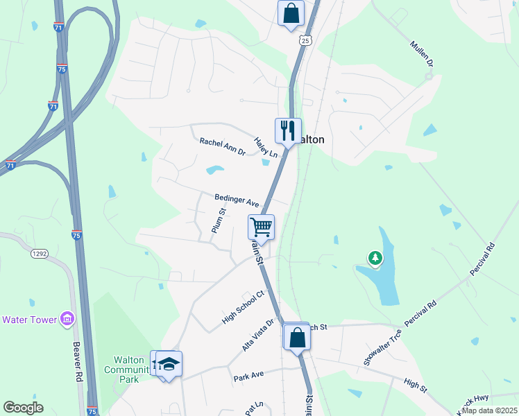 map of restaurants, bars, coffee shops, grocery stores, and more near 133 North Main Street in Walton