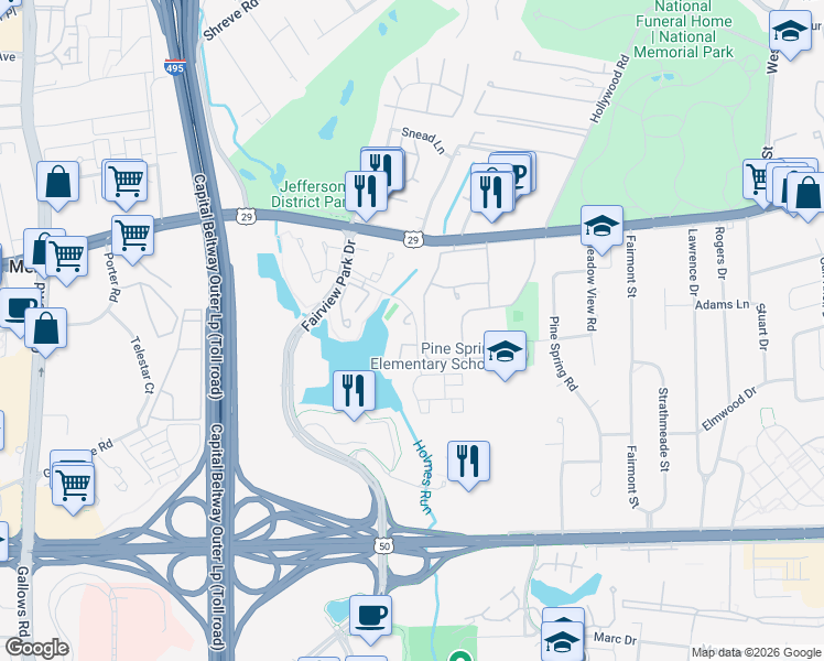map of restaurants, bars, coffee shops, grocery stores, and more near 2901 Montauk Court in Falls Church